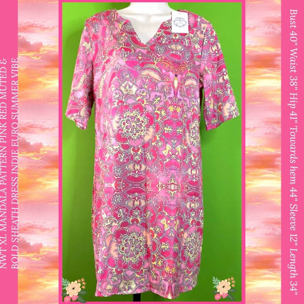 NWT XL MANDALA PATTERN PINK RED MUTED & BOLD SHEATH DRESS INDIE